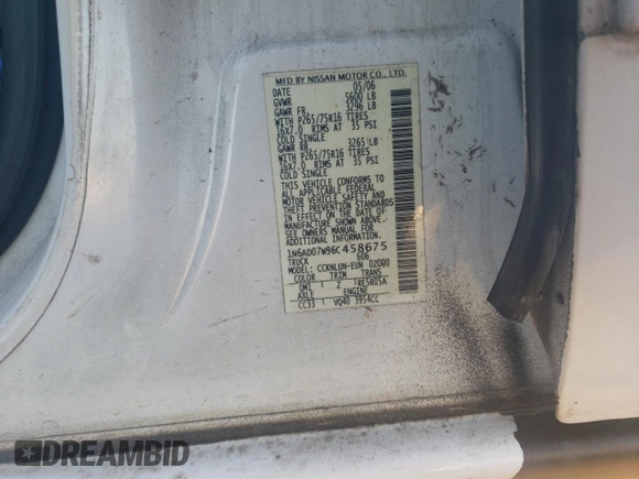 2006 Nissan Frontier LE with VIN 1N6AD07W96C458675, listed as a Copart auction lot 86922704 with 208,357 mi miles and Salvage title. Bid and sale history available at DreamBid. Image 14.