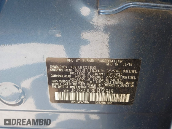 2019 Subaru Forester Limited with VIN JF2SKAUC3KH456948, listed as a IAAI auction lot 42553978 with 57,644 mi miles and . Bid and sale history available at DreamBid. Image 9.