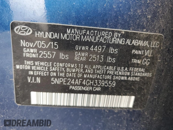 2016 Hyundai Sonata 2.4L with VIN 5NPE24AF4GH339559, listed as a Copart auction lot 52952445 with 135,261 mi miles and Salvage Title. Bid and sale history available at carsss.com. Image 12.