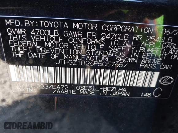 2023 Lexus IS 350 F Sport with VIN JTHGZ1B26P5067657, listed as a IAAI auction lot 41894342 with 30,402 mi miles and . Bid and sale history available at DreamBid. Image 9.