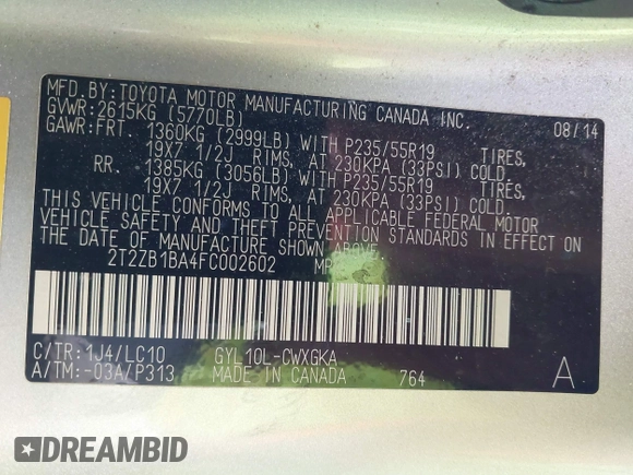 2015 Lexus RX 450h with VIN 2T2ZB1BA4FC002602, listed as a IAAI auction lot 41812562 with 166,220 mi miles and . Bid and sale history available at DreamBid. Image 9.