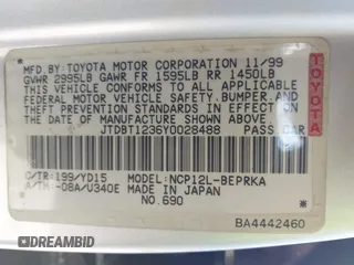 2000 Toyota ECHO with VIN JTDBT1236Y0028488, listed as a IAAI auction lot 42228033 with 246,702 mi miles and . Bid and sale history available at DreamBid. Image 9.