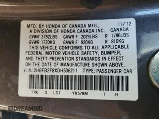 2013 Honda Civic EX with VIN 2HGFB2F8XDH506211, listed as a Copart auction lot 53776415 with 70,290 mi miles and Salvage Title. Bid and sale history available at DreamBid. Image 12.