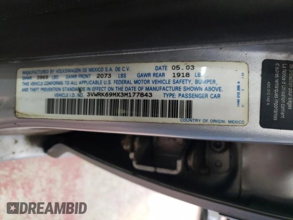 2003 Volkswagen Jetta GL с VIN 3VWRK69MX3M177843, выставлен на аукционе Copart как лот 42997795 с пробегом 60 568 миль миль и Списание • Salvage title. История ставок и продаж доступна на DreamBid. Изображение 13.