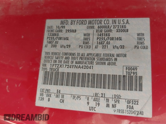 2000 Ford F-150 XL with VIN 1FTZX1724YNA42041, listed as a IAAI auction lot 42577102 with Not provided miles and . Bid and sale history available at DreamBid. Image 9.