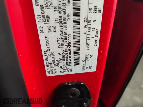 2021 Ford F-150 XL с VIN 1FTFW1E84MKF01111, выставлен на аукционе IAAI как лот 42741623 с пробегом 68 456 миль миль и . История ставок и продаж доступна на DreamBid. Изображение 6.