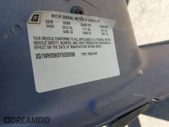 2000 Chevrolet Impala LS z VIN 2G1WH55K6Y9330598, wystawiony jako IAAI lot #42403923 z przebiegiem 105 704 mil mil oraz . Historia ofert i sprzedaży dostępna na DreamBid. Obrazek 9.