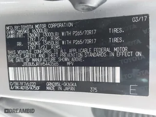 2017 Toyota 4Runner SR5 with VIN JTEBU5JR1H5443565, listed as a IAAI auction lot 41503001 with 57,183 mi miles. Bid and sale history available at carsss.com. Image 9.