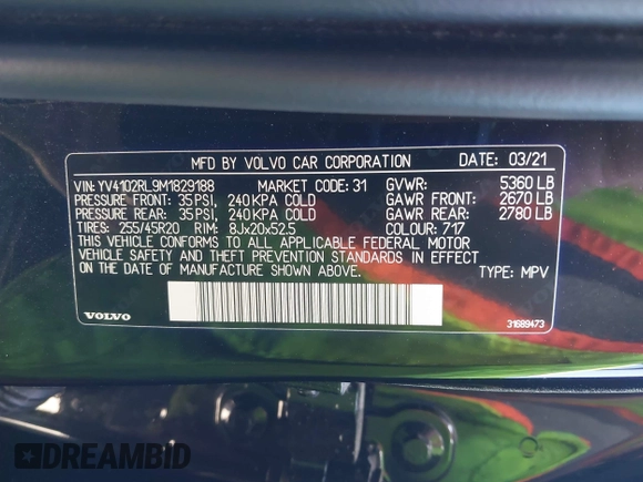 2021 Volvo XC60 Inscription with VIN YV4102RL9M1829188, listed as a IAAI auction lot 42083627 with 44,525 mi miles and . Bid and sale history available at DreamBid. Image 9.