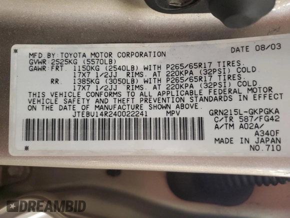 2004 Toyota 4Runner SR5 с VIN JTEBU14R240022241, выставлен на аукционе Copart как лот 59801505 с пробегом 236 511 миль миль и Чистый • Clean title. История ставок и продаж доступна на DreamBid. Изображение 14.
