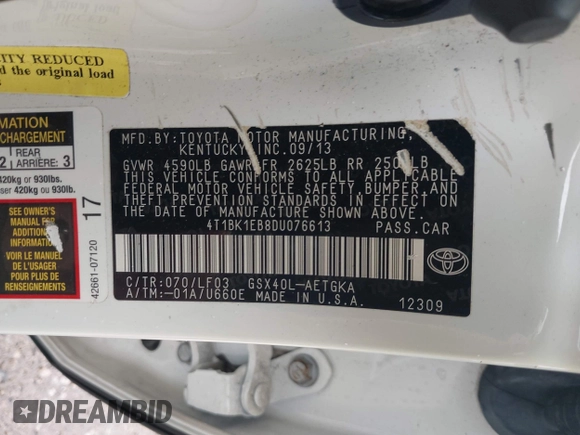 2013 Toyota Avalon XLE with VIN 4T1BK1EB8DU076613, listed as a IAAI auction lot 41709842 with 60,889 mi miles and . Bid and sale history available at DreamBid. Image 9.