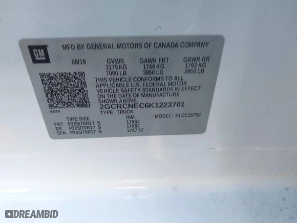 2019 Chevrolet Silverado 1500 LD Work Truck with VIN 2GCRCNEC6K1223701, listed as a IAAI auction lot 41625959 with 94,621 mi miles. Bid and sale history available at carsss.com. Image 9.