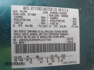 1998 Mercury Mountaineer с VIN 4M2ZU52P6WUJ37166, выставлен на аукционе IAAI как лот 40711982 с пробегом 305 955 миль миль и . История ставок и продаж доступна на DreamBid. Изображение 9.