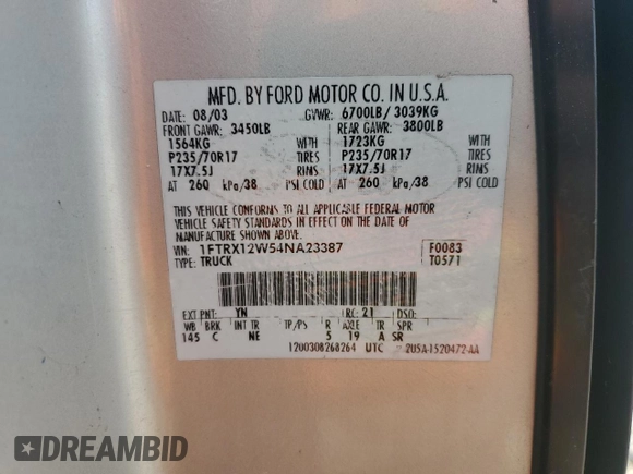 2004 Ford F-150 STX with VIN 1FTRX12W54NA23387, listed as a Copart auction lot 57398505 with 280,232 mi miles and Clean title. Bid and sale history available at DreamBid. Image 12.