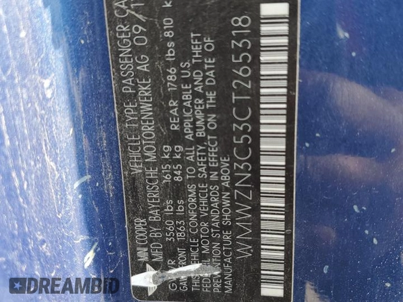 2012 MINI Convertible с VIN WMWZN3C53CT265318, выставлен на аукционе Copart как лот 56195735 с пробегом 120 972 миль миль и Списание • Salvage title. История ставок и продаж доступна на DreamBid. Изображение 12.