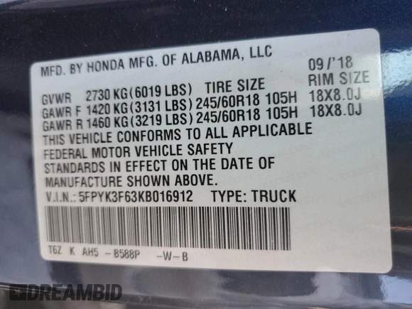 2019 Honda Ridgeline RTL-T с VIN 5FPYK3F63KB016912, выставлен на аукционе Copart как лот 63827065 с пробегом 79 509 миль миль и Списание • Salvage title. История ставок и продаж доступна на DreamBid. Изображение 12.