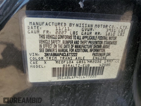 2012 Nissan Sentra S with VIN 3N1AB6AP4CL677222, listed as a Copart auction lot 61001315 with 168,809 mi miles and Salvage title. Bid and sale history available at DreamBid. Image 13.