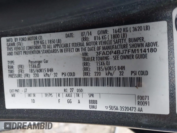 2015 Ford Fiesta SE with VIN 3FADP4BJ7FM114180, listed as a IAAI auction lot 41753726 with 132,601 mi miles. Bid and sale history available at carsss.com. Image 9.