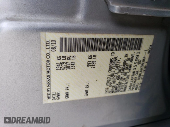 2010 Nissan Altima 2.5 S with VIN 1N4AL2AP3AN555991, listed as a Copart auction lot 44342155 with 143,105 mi miles and Salvage Title. Bid and sale history available at carsss.com. Image 12.