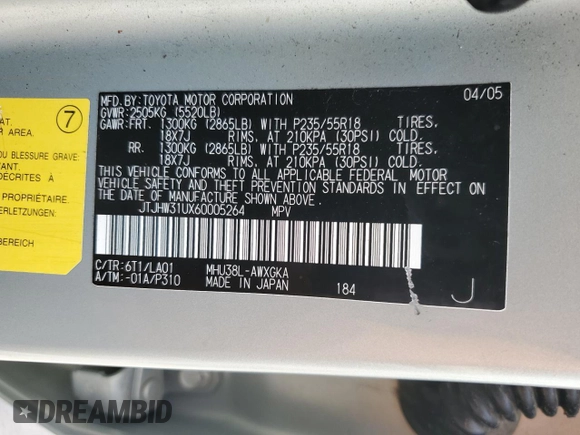 2006 Lexus RX 400h z VIN JTJHW31UX60005264, wystawiony jako Copart lot #58172795 z przebiegiem 140 056 mil mil oraz Szkoda całkowita • Salvage title. Historia ofert i sprzedaży dostępna na DreamBid. Obrazek 13.