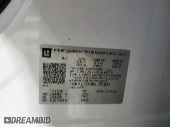 2020 GMC Terrain SLE with VIN 3GKALTEV8LL321037, listed as a Copart auction lot 88038505 with Not Provided miles and Salvage Title. Bid and sale history available at DreamBid. Image 13.