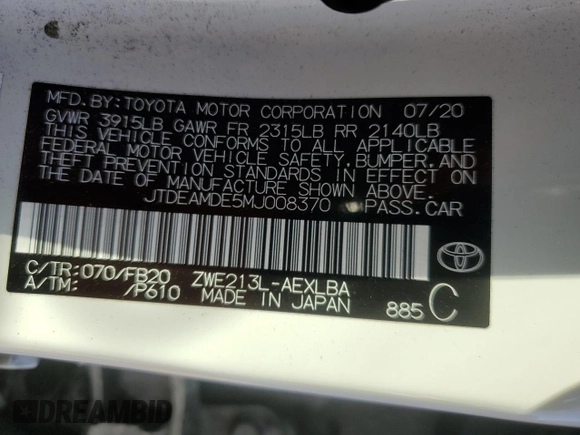 2021 Toyota Corolla Hybrid LE with VIN JTDEAMDE5MJ008370, listed as a Copart auction lot 52158845 with 148,071 mi miles and Salvage Title. Bid and sale history available at carsss.com. Image 13.