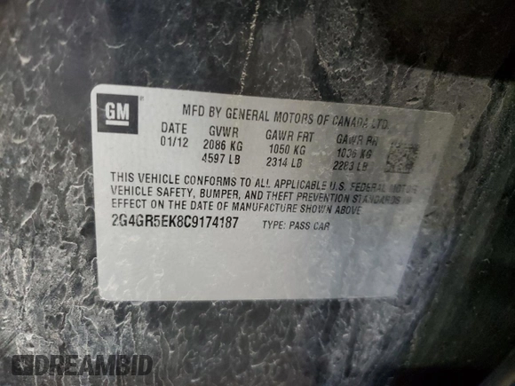2012 Buick Regal with VIN 2G4GR5EK8C9174187, listed as a Copart auction lot 47847295 with 185,555 mi miles and Salvage Title. Bid and sale history available at carsss.com. Image 13.
