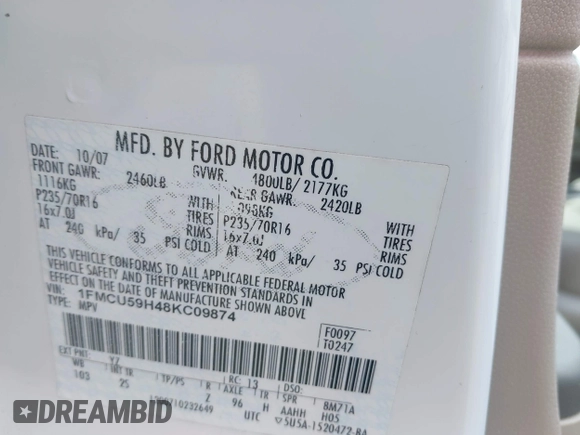 2008 Ford Escape Hybrid with VIN 1FMCU59H48KC09874, listed as a IAAI auction lot 42040477 with 85,839 mi miles and . Bid and sale history available at DreamBid. Image 9.