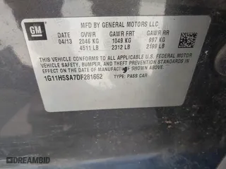 2013 Chevrolet Malibu LTZ with VIN 1G11H5SA7DF281662, listed as a IAAI auction lot 41998123 with 52,664 mi miles. Bid and sale history available at carsss.com. Image 9.