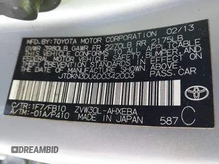 2013 Toyota Prius One with VIN JTDKN3DU6D0342003, listed as a IAAI auction lot 41819217 with 181,595 mi miles. Bid and sale history available at carsss.com. Image 9.