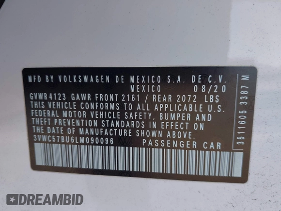 2020 Volkswagen Jetta S with VIN 3VWC57BU6LM090096, listed as a IAAI auction lot 41160033 with 35,530 mi miles and . Bid and sale history available at DreamBid. Image 9.