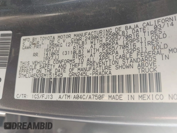 2014 Toyota Tacoma with VIN 3TMLU4EN3EM151545, listed as a IAAI auction lot 41821451 with 261,311 mi miles. Bid and sale history available at carsss.com. Image 9.