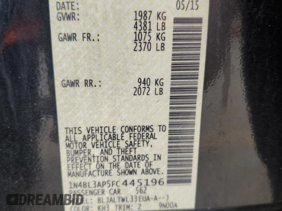 2015 Nissan Altima SL with VIN 1N4BL3AP5FC445196, listed as a Copart auction lot 59737665 with 110,603 mi miles and Clean title. Bid and sale history available at DreamBid. Image 12.