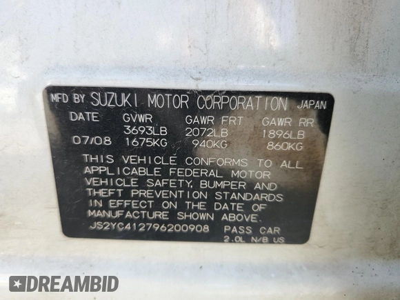 2009 Suzuki SX4 Man FWD with VIN JS2YC412796200908, listed as a Copart auction lot 73821924 with 125,721 mi miles and Salvage Title. Bid and sale history available at carsss.com. Image 12.