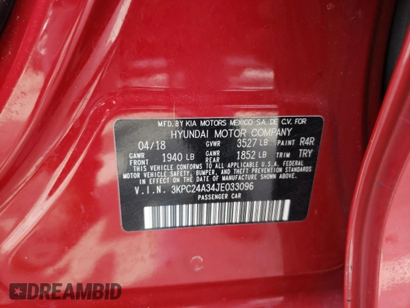 2018 Hyundai Accent SEL z VIN 3KPC24A34JE033096, wystawiony jako Copart lot #52098445 z przebiegiem 64 426 mil mil oraz Szkoda całkowita • Salvage title. Historia ofert i sprzedaży dostępna na DreamBid. Obrazek 12.