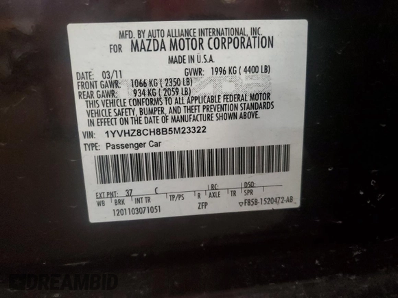 2011 Mazda 6 i Grand Touring with VIN 1YVHZ8CH8B5M23322, listed as a Copart auction lot 87250214 with 42,227 mi miles and Non Repairable. Bid and sale history available at DreamBid. Image 12.