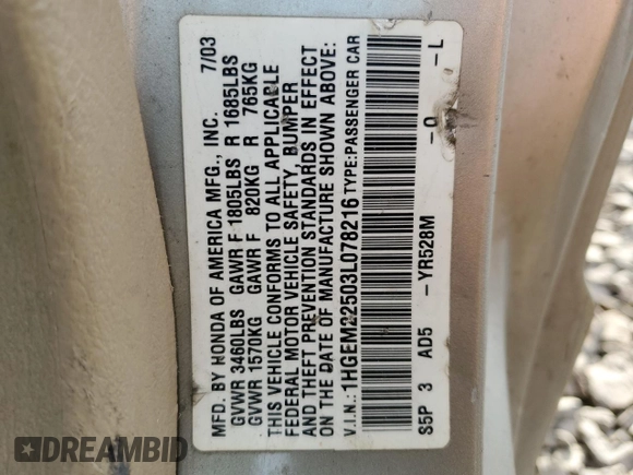 2003 Honda Civic LX with VIN 1HGEM22503L078216, listed as a Copart auction lot 46480235 with 187,015 mi miles and Salvage Title. Bid and sale history available at DreamBid. Image 12.