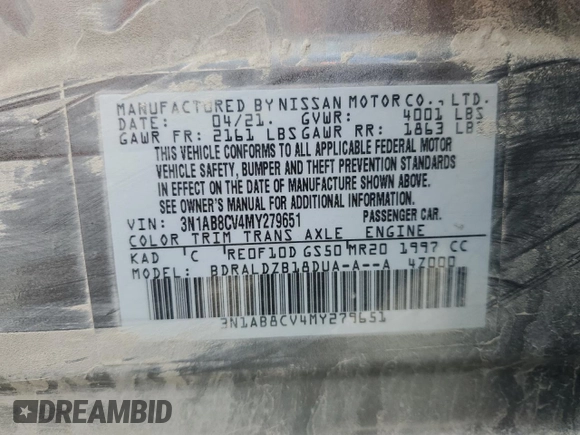 2021 Nissan Sentra SV with VIN 3N1AB8CV4MY279651, listed as a Copart auction lot 49442595 with 54,712 mi miles and Salvage Title. Bid and sale history available at DreamBid. Image 12.