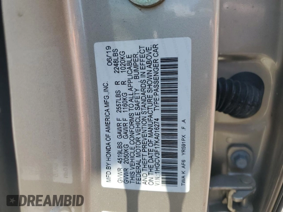 2019 Honda Accord with VIN 1HGCV3F17KA016274, listed as a Copart auction lot 57728435 with 121,223 mi miles and Non repairable. Bid and sale history available at DreamBid. Image 13.