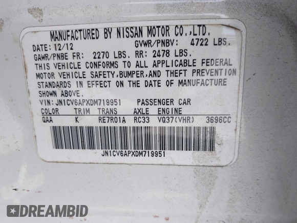 2013 Infiniti G37 Sedan Journey with VIN JN1CV6APXDM719951, listed as a IAAI auction lot 41929085 with 128,984 mi miles. Bid and sale history available at carsss.com. Image 9.