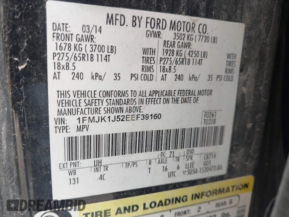 2014 Ford Expedition Max XLT с VIN 1FMJK1J52EEF39160, выставлен на аукционе IAAI как лот 42266091 с пробегом 228 180 миль миль и . История ставок и продаж доступна на DreamBid. Изображение 9.