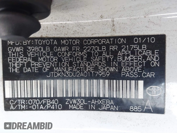 2010 Toyota Prius II with VIN JTDKN3DU2A0117959, listed as a IAAI auction lot 40957379 with 399,277 mi miles and . Bid and sale history available at carsss.com. Image 9.