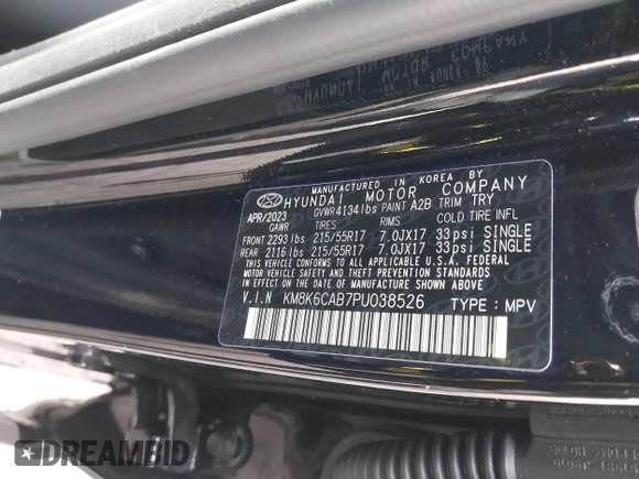 2023 Hyundai Kona SEL with VIN KM8K6CAB7PU038526, listed as a IAAI auction lot 40863364 with 3,642 mi miles and . Bid and sale history available at DreamBid. Image 9.
