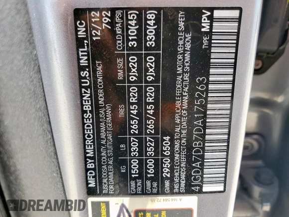 2013 Mercedes-Benz M 550 with VIN 4JGDA7DB7DA175263, listed as a Copart auction lot 61167345 with 177,130 mi miles and Clean title. Bid and sale history available at DreamBid. Image 13.