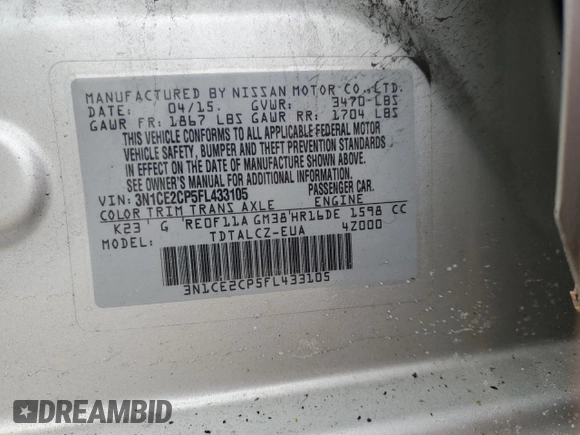 2015 Nissan Note SL with VIN 3N1CE2CP5FL433105, listed as a Copart auction lot 88334175 with 166,614 mi miles and Salvage title. Bid and sale history available at DreamBid. Image 12.
