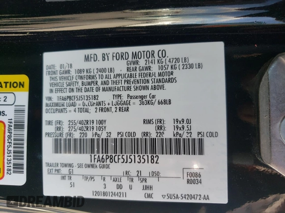 2018 Ford Mustang GT z VIN 1FA6P8CF5J5135182, wystawiony jako Copart lot #55926915 z przebiegiem 18 469 mil mil oraz Szkoda całkowita • Salvage title. Historia ofert i sprzedaży dostępna na DreamBid. Obrazek 12.