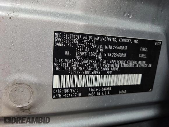 2022 Toyota RAV4 Hybrid XLE Premium with VIN 4T3B6RFV1NU080099, listed as a Copart auction lot 60206905 with 59,859 mi miles and Clean title. Bid and sale history available at DreamBid. Image 13.