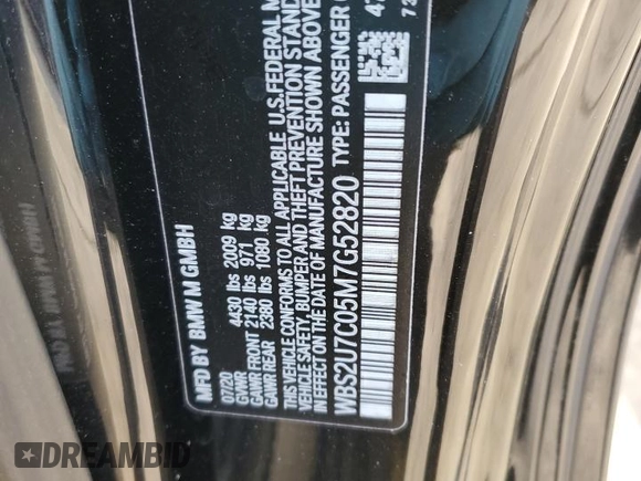 2021 BMW M2 Competition with VIN WBS2U7C05M7G52820, listed as a Copart auction lot 42303655 with 46,403 mi miles and Salvage Title. Bid and sale history available at carsss.com. Image 13.