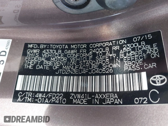 2015 Toyota Prius Two with VIN JTDZN3EU4FJ040526, listed as a IAAI auction lot 41582274 with 137,797 mi miles and . Bid and sale history available at DreamBid. Image 9.