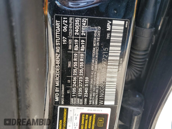 2021 Mercedes-Benz GLC 300 with VIN W1N0G8EB5MF977215, listed as a Copart auction lot 56537625 with Not provided miles and Salvage title. Bid and sale history available at DreamBid. Image 14.